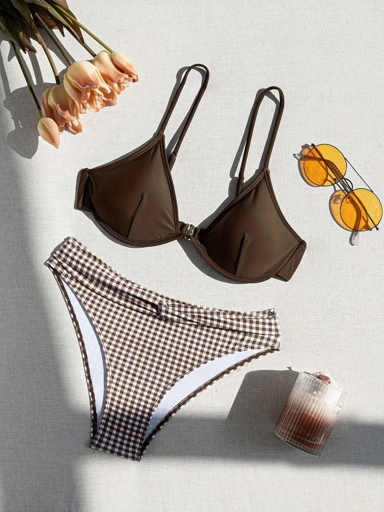 Bikini donna costume da bagno 2026 nuovo solido reticolo fionda bikini set sexy vita alta costumi da bagno estate 2 pezzi costume da bagno da spiaggia femminile