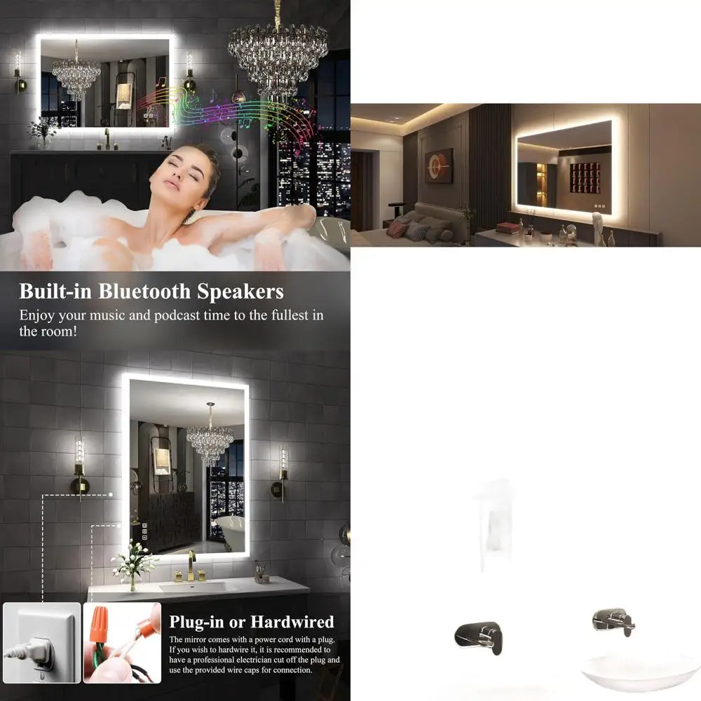 

40x28 LED-Illuminated Bathroom Mirror with 3D Frame, Bluetooth, Anti-Fog, Step Dimming, 3 Colors, Tempered Glass Vanity Mirror
