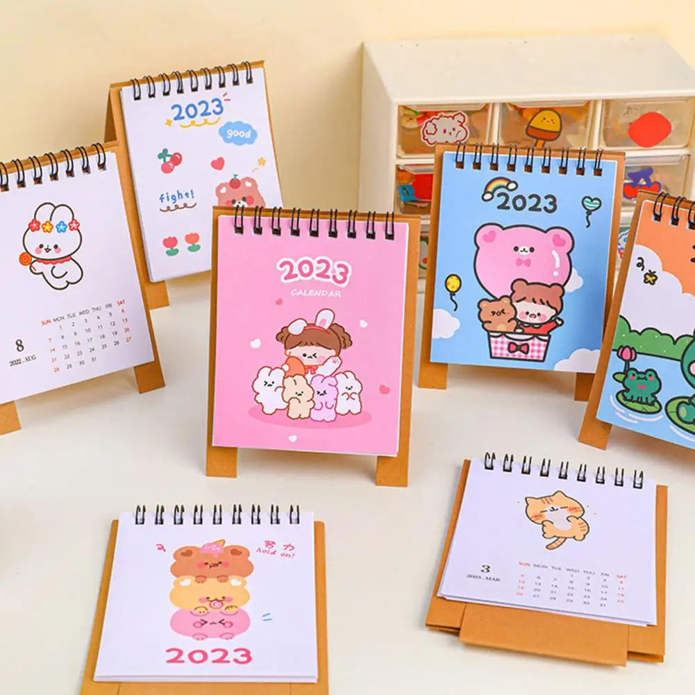 Mini calendario con patrón de dibujos animados, triángulos de giro de página suaves, horario Flexible, no es fácil de romper, 2022-2023, Mini Calendario de escritorio