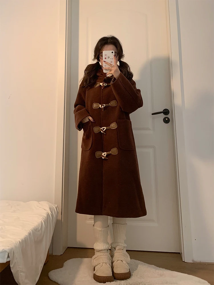 

Caramel Sweet Bowler Coat Women's Winter New Sle Loose Long Woolen Coat with Hat College Sle Polyester Fiber Thiened