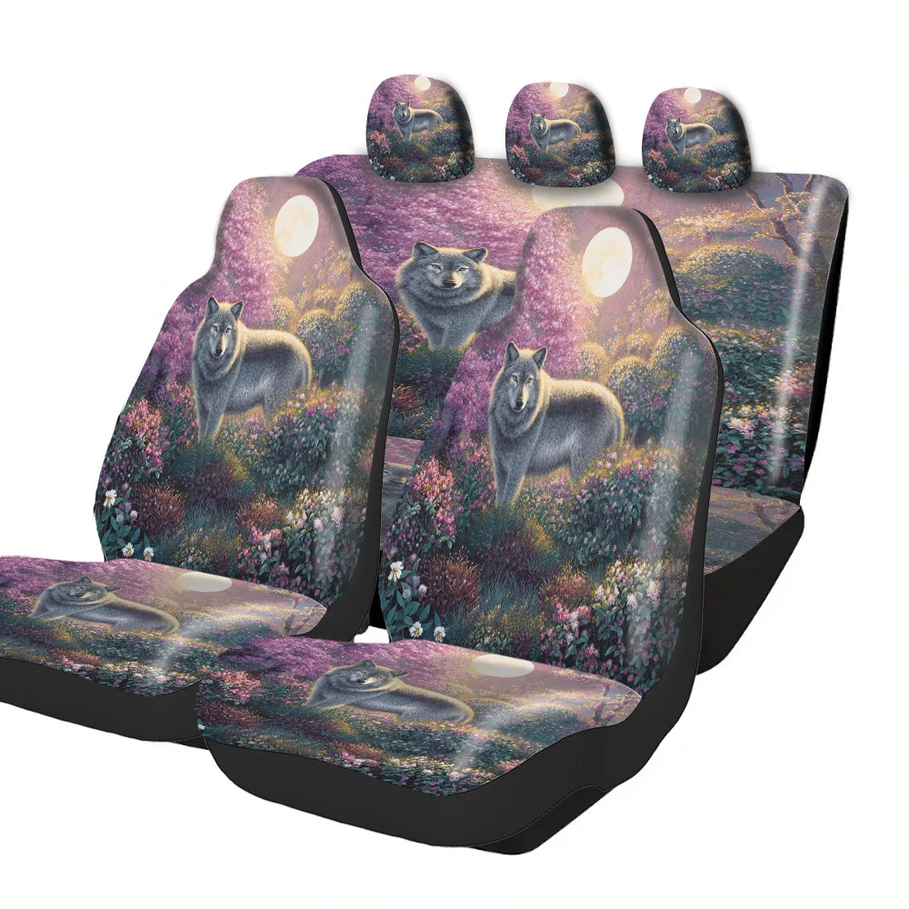 2-5 Seat Set Car Seat Covers, Mystical Wolf Moon, Fit For Truck SUV Off-road Car, Festive Halloween Christmas New Year Easter,