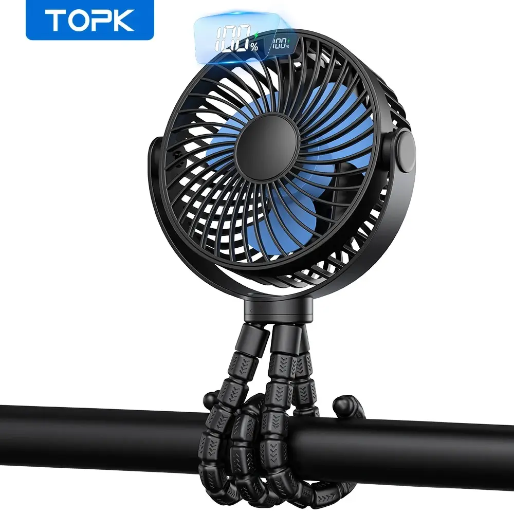 TOPK 5000mah Mini Portable Stroller Fan,Battery Operated Small Clip Fan,Detachable 3Speed 360°Rotate Flexible Tripod Cooling Fa