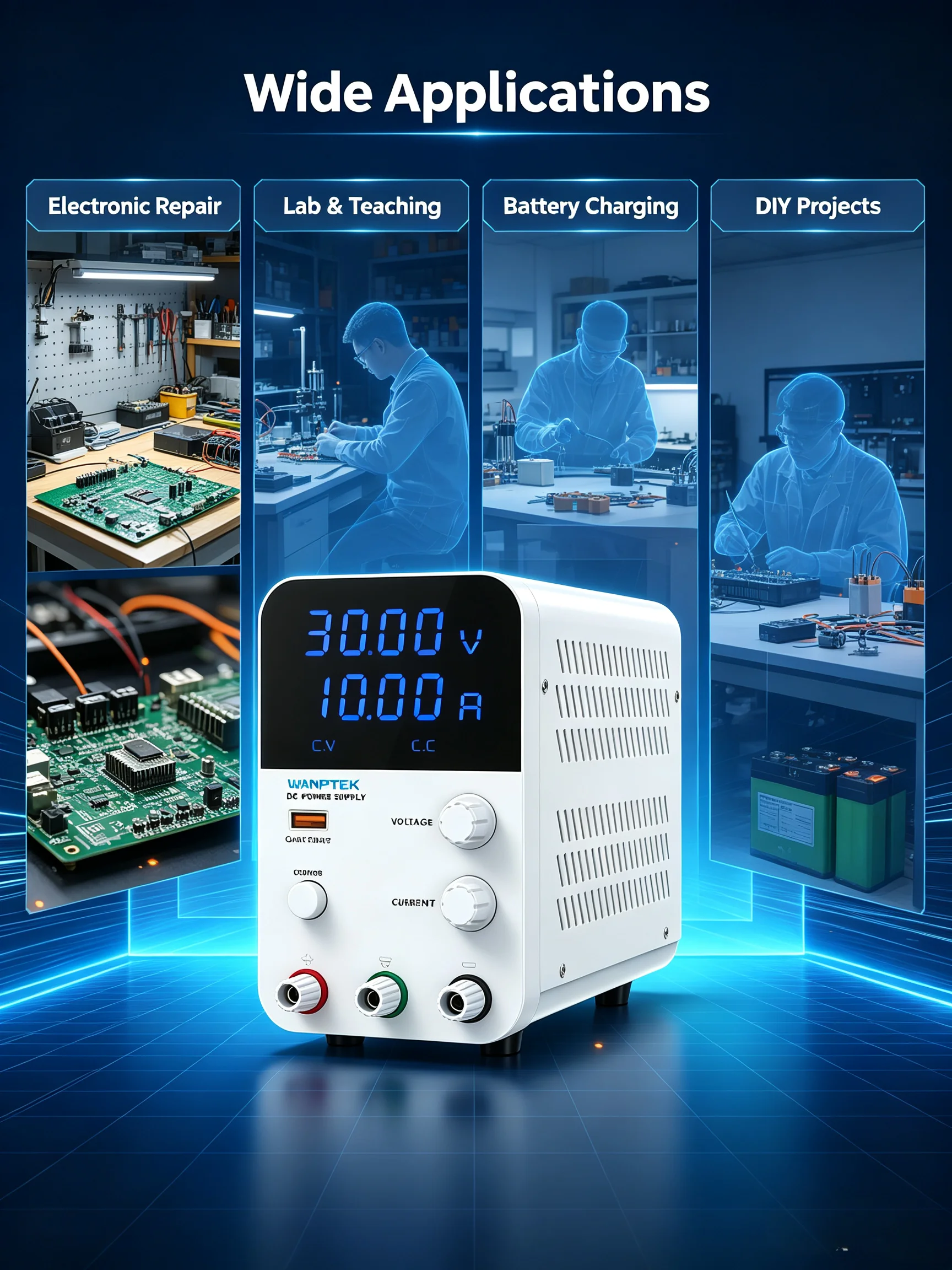 WANPTEK GPS Series Lab DC Power Supply, 4‑Digit Dual Blue Display USB Fast Charge for Repair & Battery Charging
