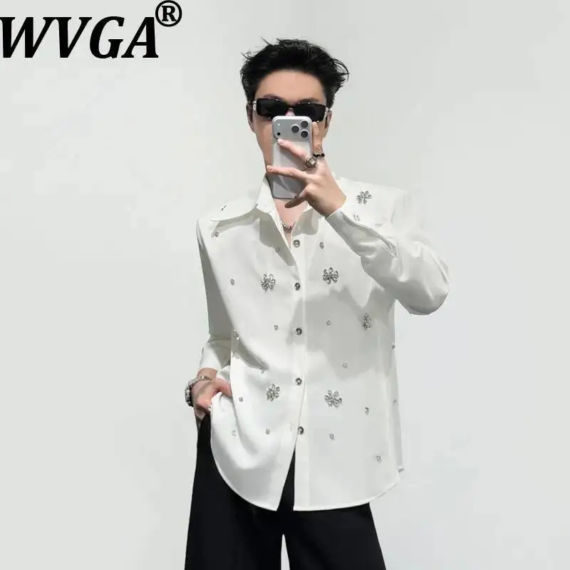 WVGA Korean Style Summer New Men Long Sleeve Shirt Three Dimensional Snowflake Diamond Embellishments Niche Chic Tops Ins W25234