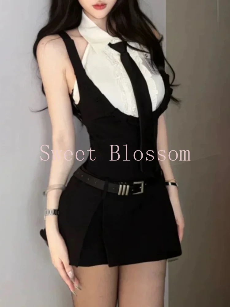 한국어 대학 스타일 레트로 Jk 2 조각 세트 여성 민소매 셔츠 + 블랙 스트랩 스커트 새로운 스파이스 소녀 달콤한 빈티지 슬림 양복 2025