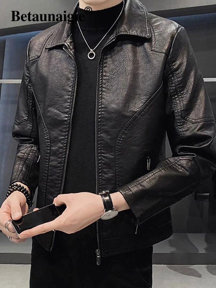 

High-End Men's Fce-Lined Leather Jaet Thiened Casual Collar Outerwear Autumn Winter Korean Sle Stand Fit Long Sve