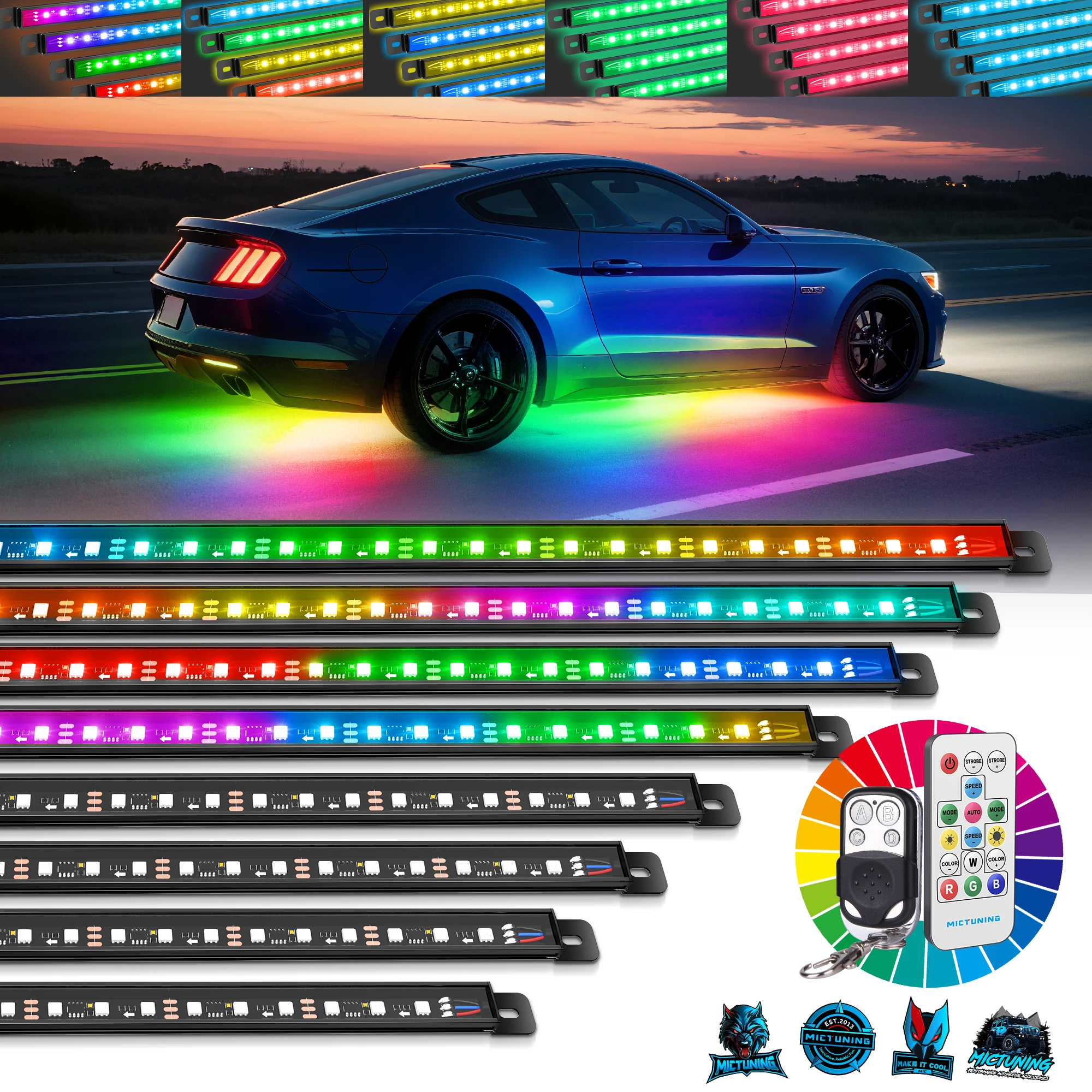 MICTUNING U8 RGB+IC Underglow Light Strip Waterproof Underbody LED Light Bar with Dual Remote Control Car Exterior Neon Accent