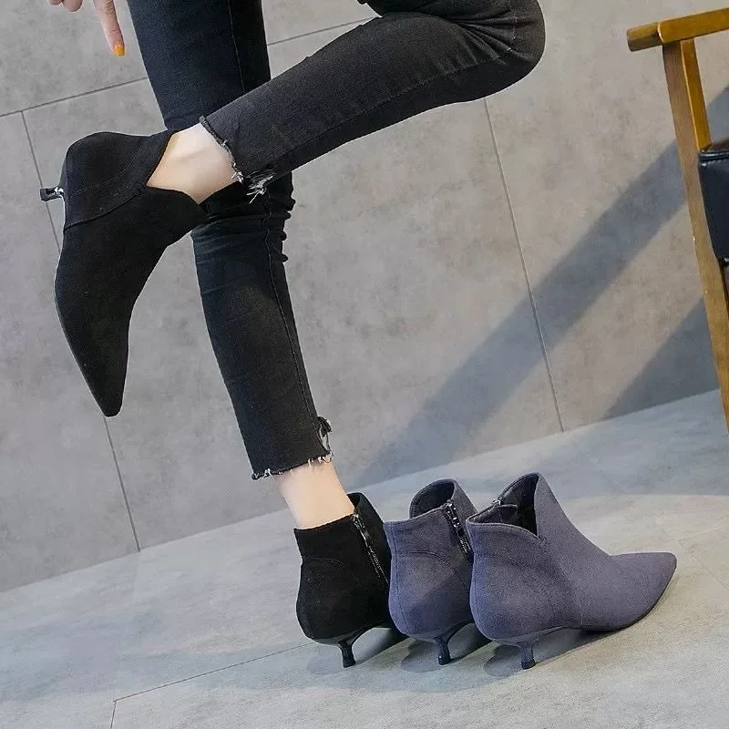 New 2023 Ankle Boots for Women Pointed Toe Stiletto Ankle Boots Low Heels for Women Chunky High Heel Female Shoes