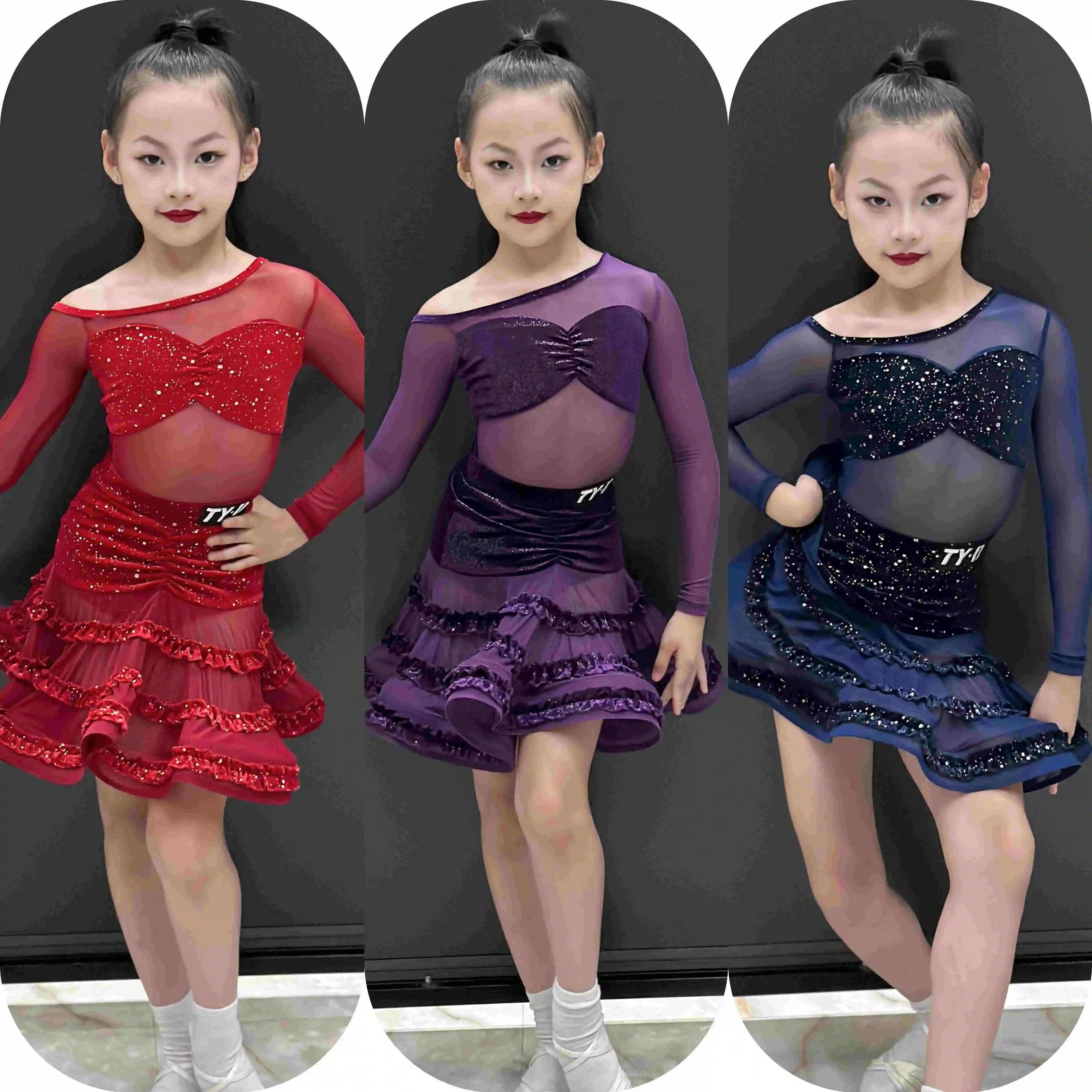 

Girls Latin Dance Costume Sequin Velvet Competition Dress Kids Cha Cha Rumba Dance Performance Clothes Practice Dress DNV25119