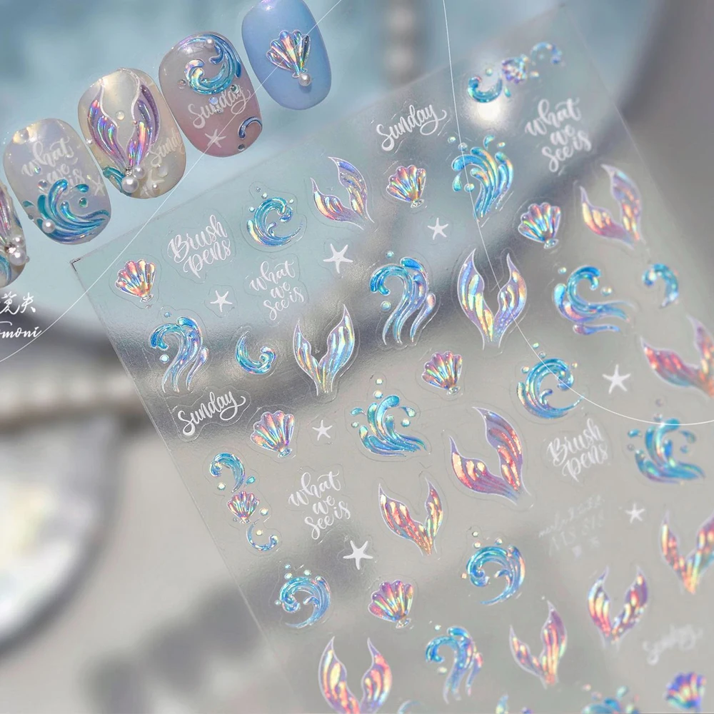 Colorful Waves Fish Tail Mermaid Fishtail Shell Conch Starfish Seahorse Summer Ocean 5D Nail Art Sticker Adhesive Manicure Decal
