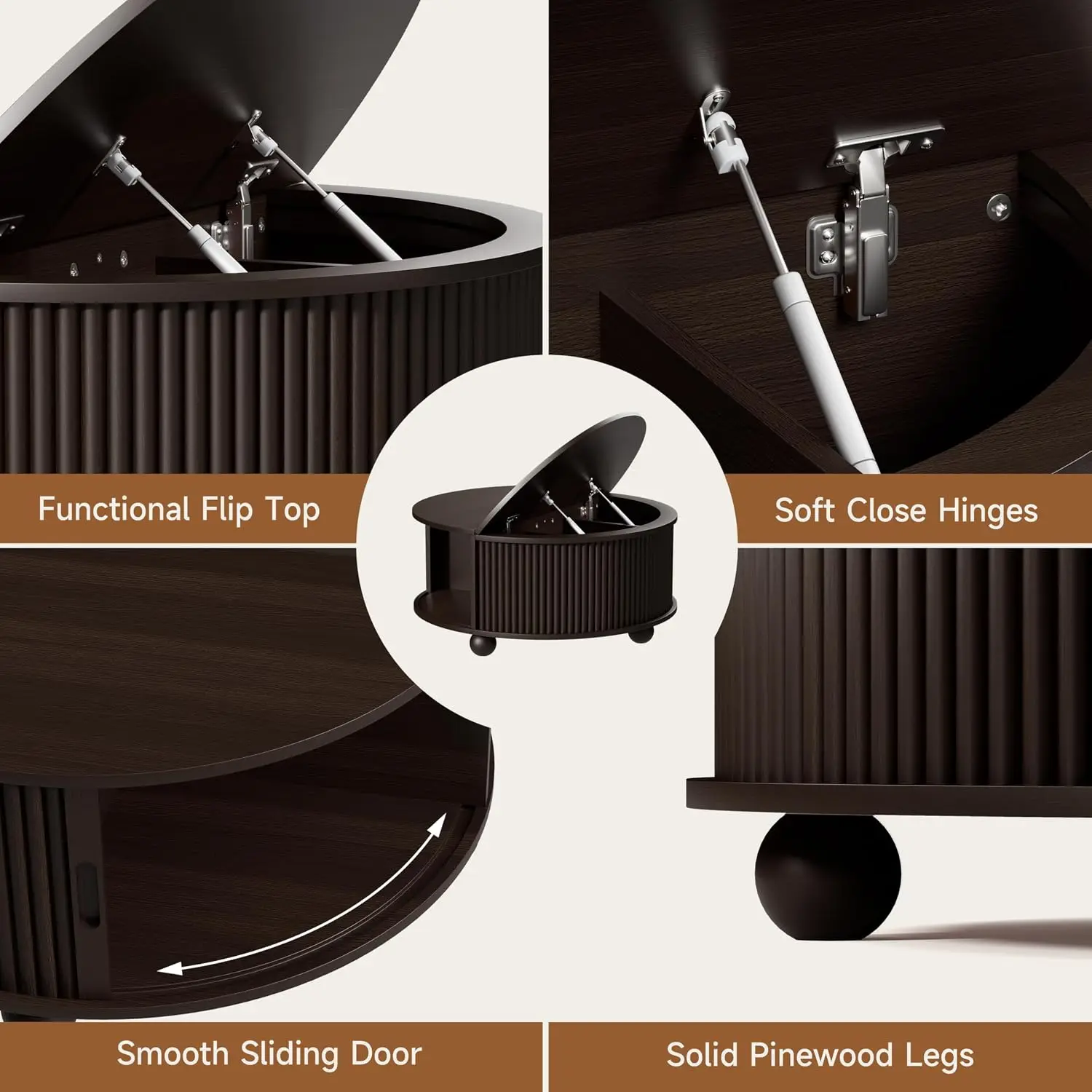 31.5 Inch Fluted Round Drum Coffee Table With Sliding Cabinet Door Storage Accent Side Table Suitable For Living Room Compact Small Apartment Space Dark Walnut Finish view 6