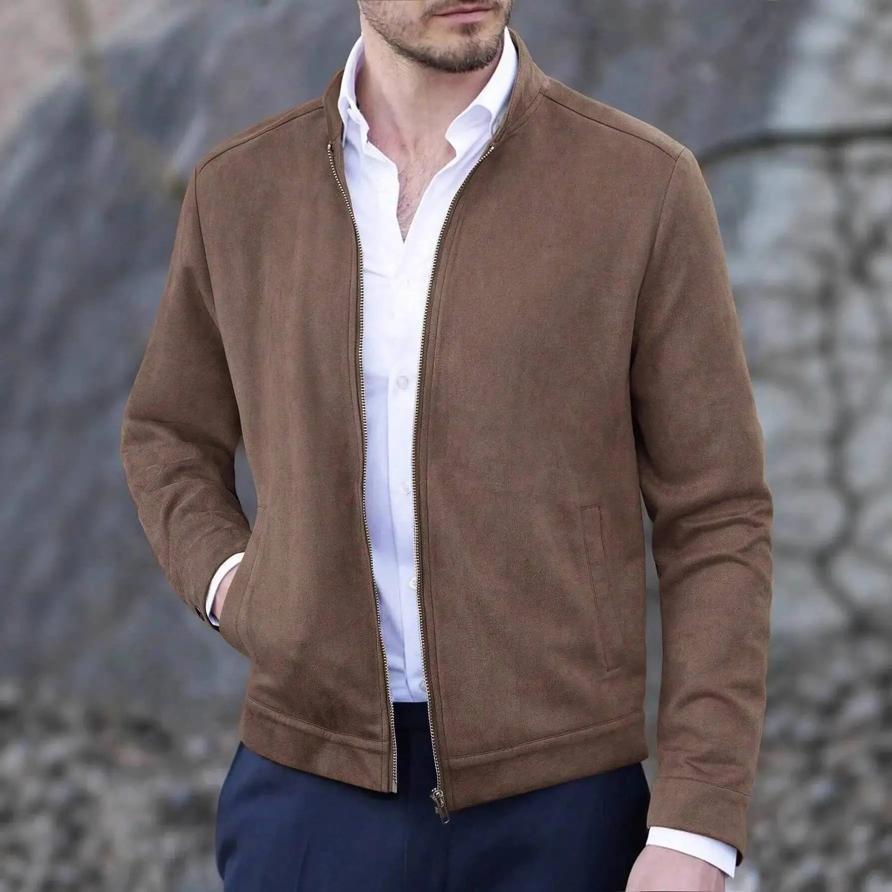 Casual Long Sleeve Round Neck Open Cardigan Windproof Waterproof Tear-Resistant Urban Style Men's Jacket For Autumn Winter