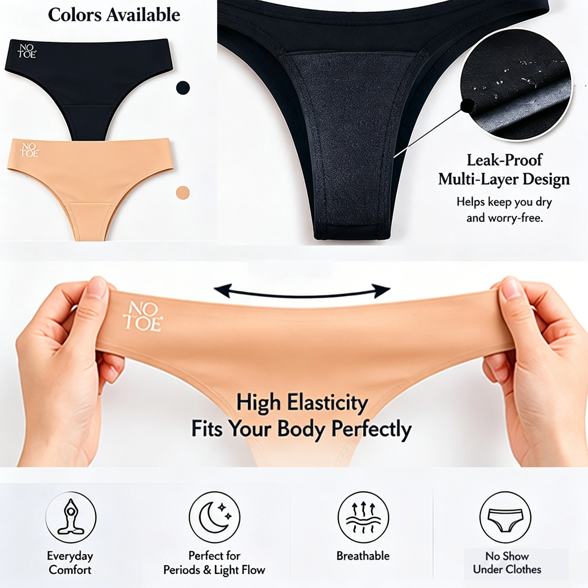 Black & Nude Seamless Period Panties for Women – Invisible Under Clothing, Leak-Proof, Ultra Soft, Breathable, Machine Washable image 3