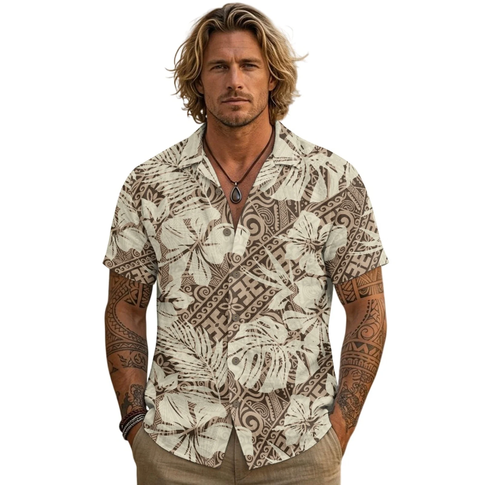 PENSTROLL Single Breasted Linen Like Daily Tops Breathable Man Outfit Set for Summer Abstract Pattern