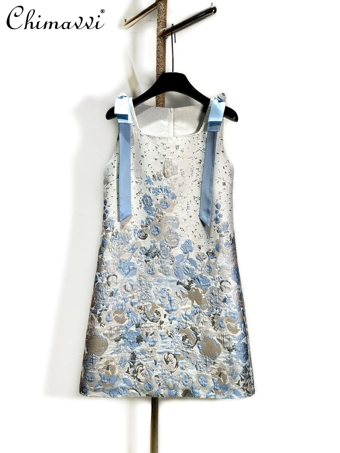 

2026 Spring Summer New High-end Floral Print Dress Fashion Round Neck Shoulder Bow Slim Fit Elegant Party Short Vest Dress Women