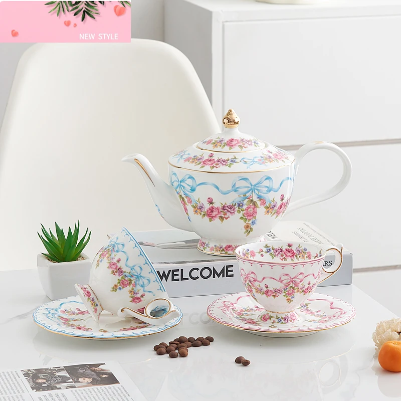 

Набор чашек из английского костяного фарфора с бантом, кофейная кружка, диск, керамический горшок для послеобеденного чая, чашка, блюдце, кофейная посуда, украшение, подарок подруге