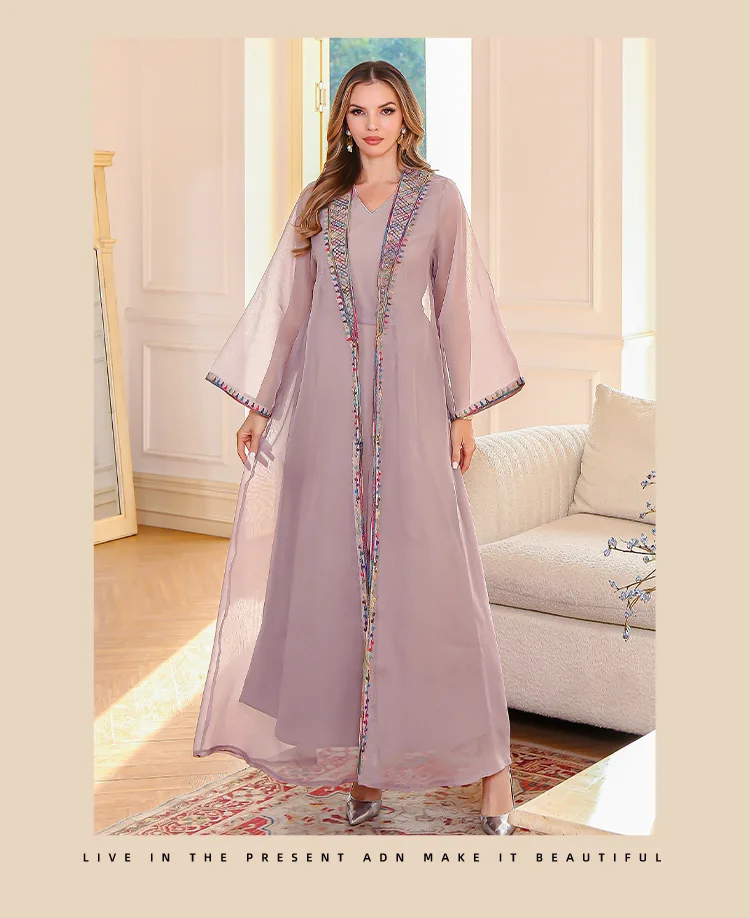 Muslimisches zweiteiliges Kleid, orientalische Kleidung, besticktes Netz, langes Kleid, Abaya, elegante Damenrobe