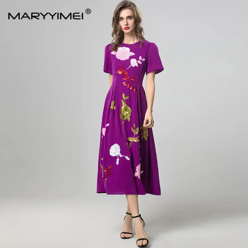 

MARYYIMEI Fashion Spring Women's dress Short sleeved High waist Slim Sequins Embroidery Design Purple/Black Dresses