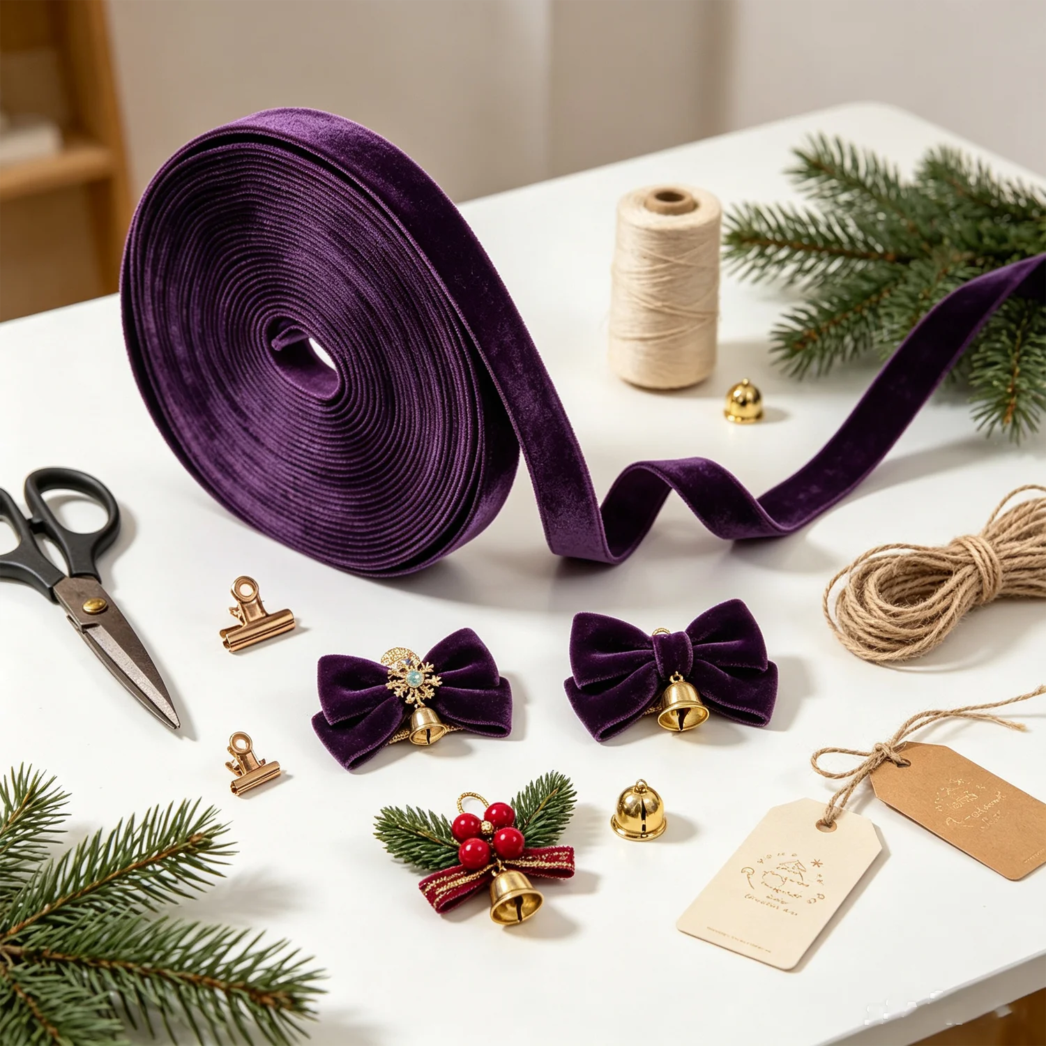 Deep Purple Velvet Ribbon, Which Creates a High-End Christmas Atmosphere with Bow Decorations, Flower Garlands, and Gift Straps
