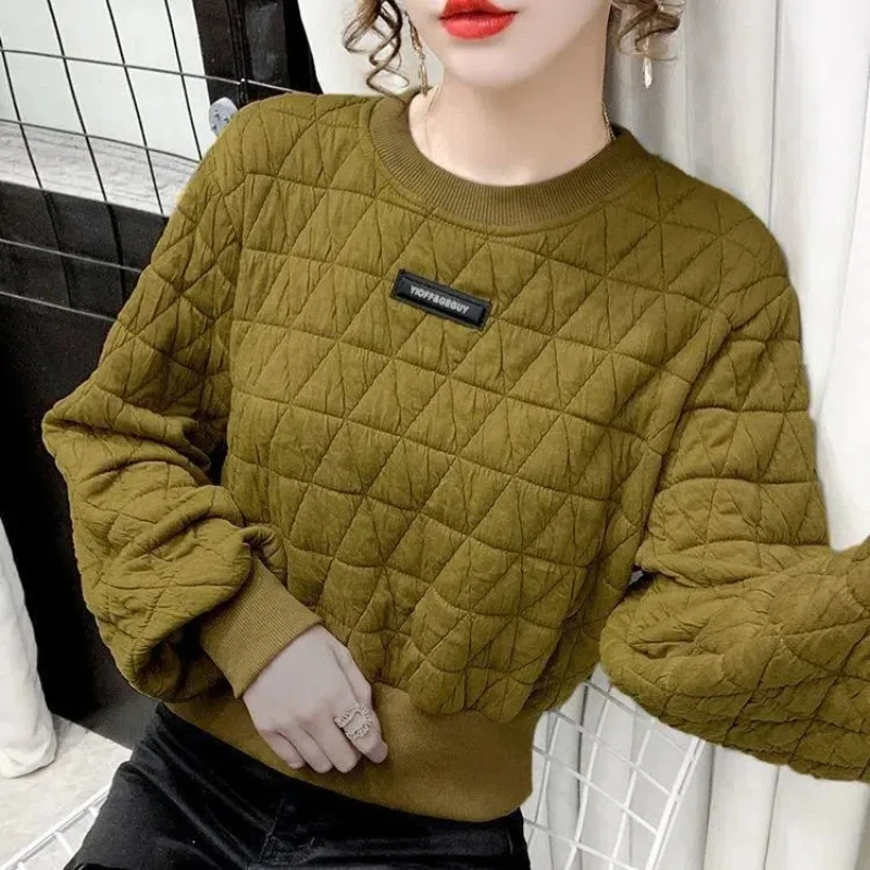 Simplicity Fashion Autumn New Women\'s Solid O-Neck Diamond Grid Labeling Korean Casual Long Sleeve Pullovers Sweatshirts Tops