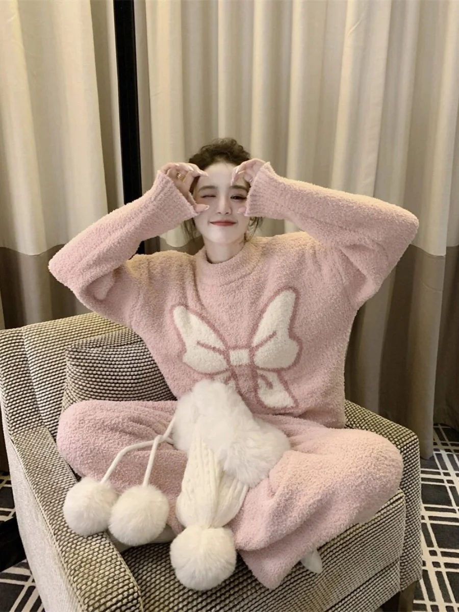 

Розовый узел Fce Lined Thiened, большой размер, трикотажная ночная рубашка, женский зимний комплект домашней одежды, милый милый комплект