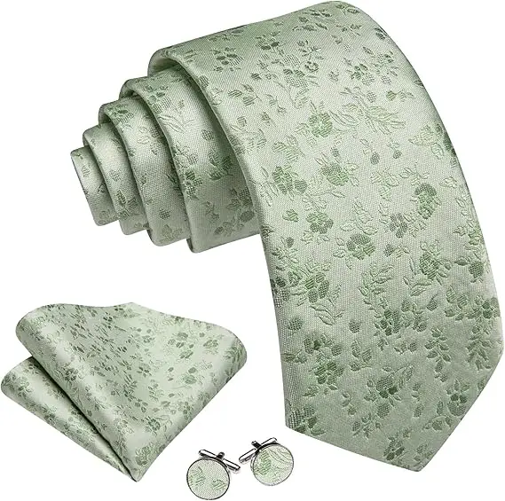 Elegant Spring Style Flower Men Tie Set Casual Wedding Business Necktie Hanky Cufflinks 3PCS Suit Accessories Mint Green Pink