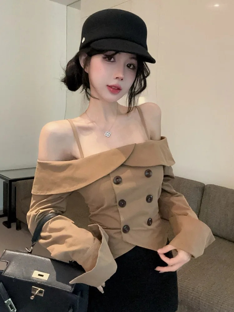 

Spicy Girl Short Shoulder One-Shoulder Korean Style Button-Up Shirt Early Autumn Design Small Audience Shoulder Exposure Doub...