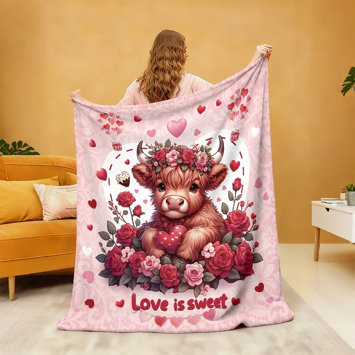 قطعة واحدة من بطانية الفانيلا المطبوعة على شكل بقرة مرتفعة لعيد الحب الوردي بأحجام مختلفة، بطانية ترفيهية مريحة وقيلولة قابلة للغسل في الغسالة