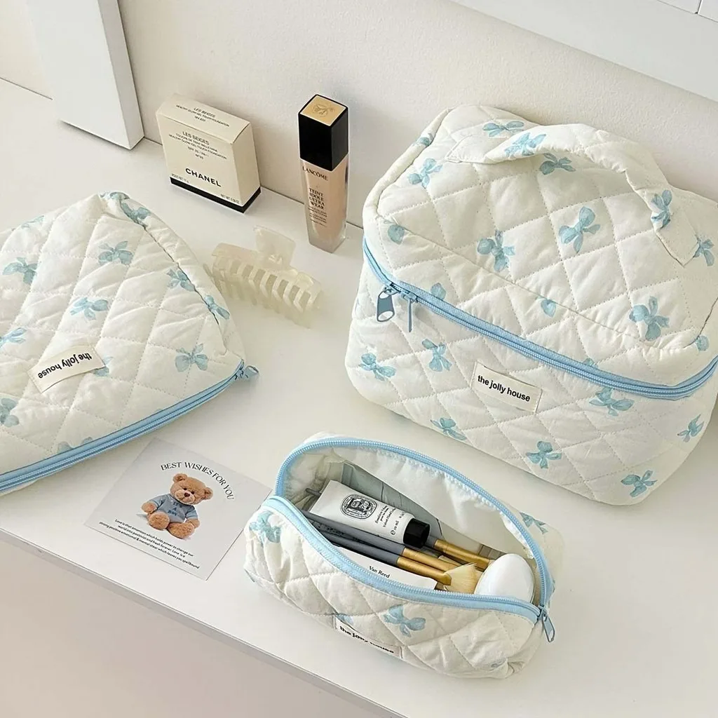 Borsa per il trucco con fiocco borsa da toilette portatile da viaggio di grande capacità borsa per cosmetici per ragazze