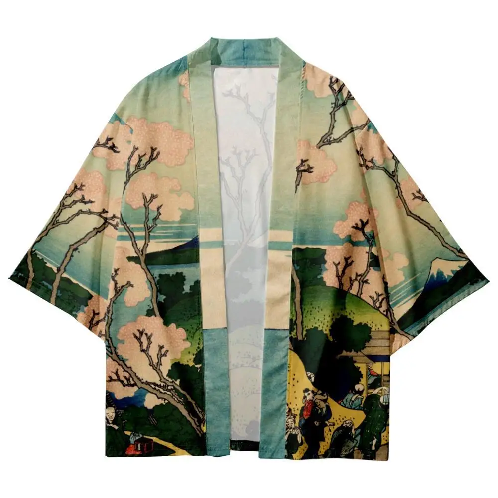 

2022 Fashion Traditional Blouse Haori Streetwear Japanese Mount Fujii Print Shirts Summer Beach Yukata Cardigan Women Kimono