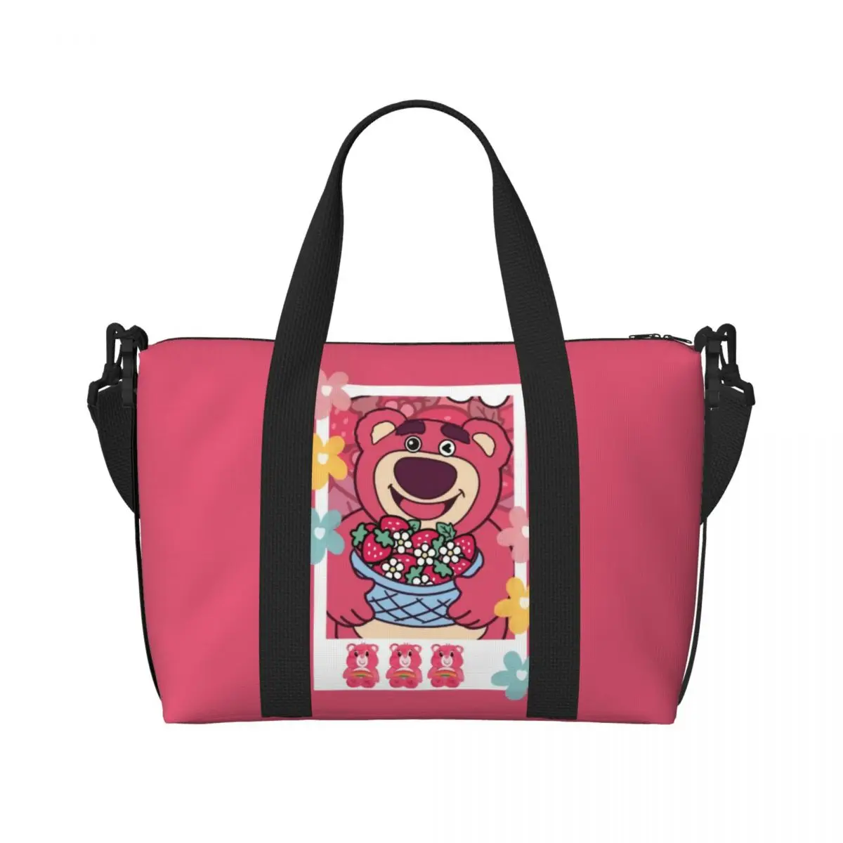 

Custom Strawberry Bear Lotso Huggin Tote Bag Women Large Capacity Gym Beach Shoulder Travel Bag