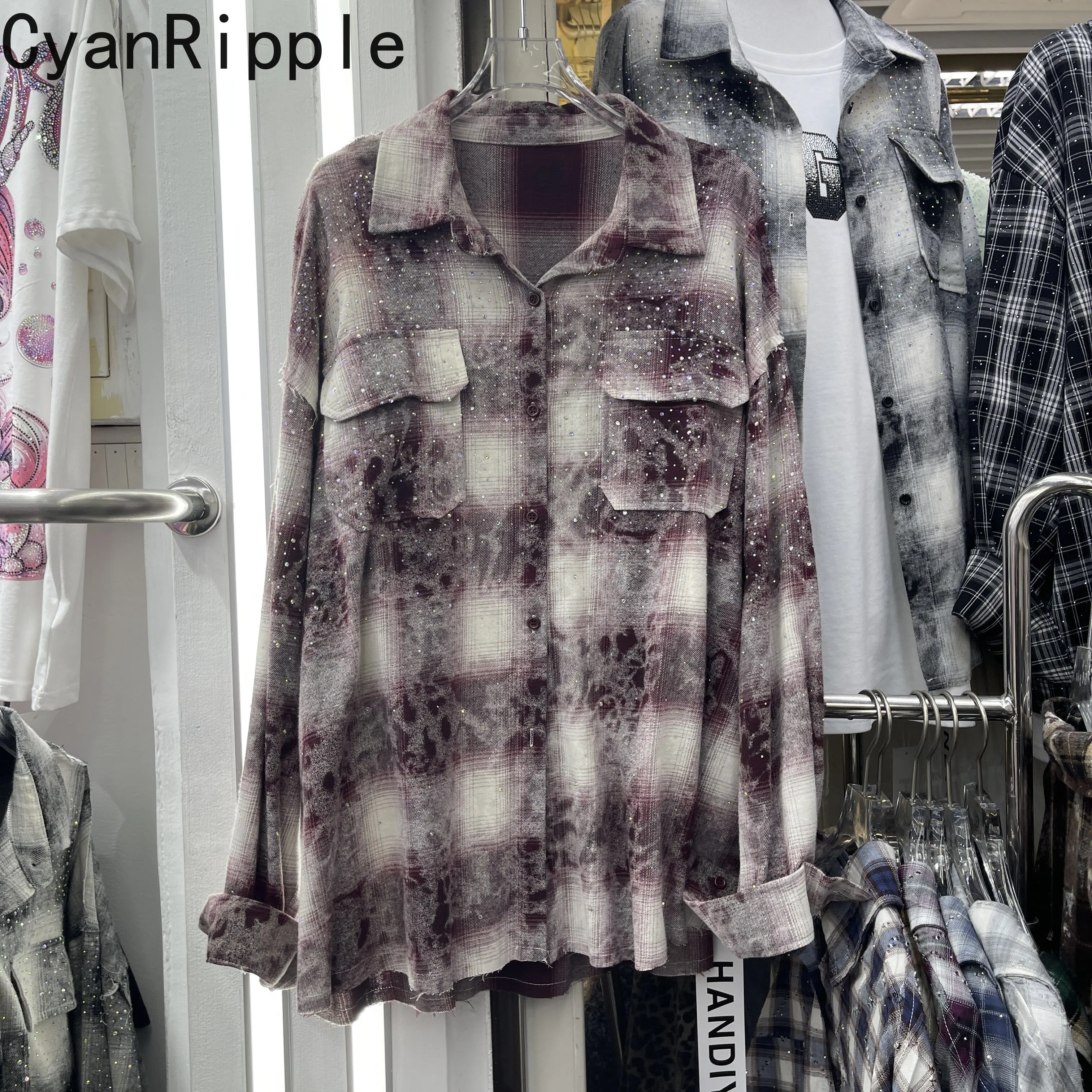 

Colorblock Women Plaid Shirts New Spring Autumn Lazy Wind Loose Cardigans Top Hot Drilling Turn-down Collar Casual Female Blouse