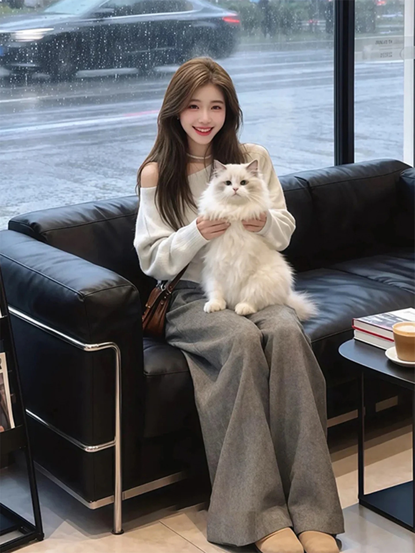 Chic Korean Sle White Asymmetrical oulder Knit Sweater Women's Faionable Autumn Winter Long Sve Loose Fit Sweater