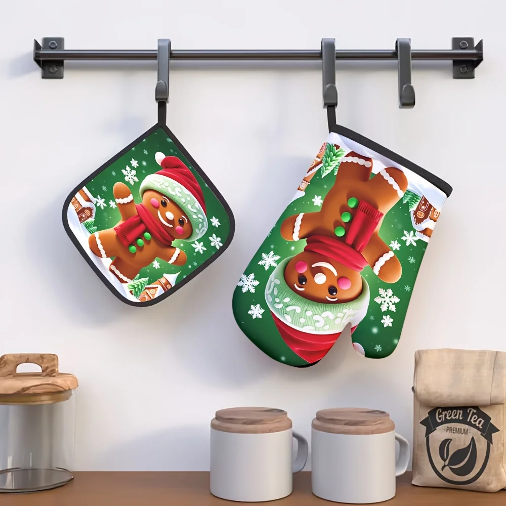 Glove and Pot Holder Set, Christmas Oven Mitts, Gingerbread for Man with Red and Green Hat and Red Scarf, Snowflake