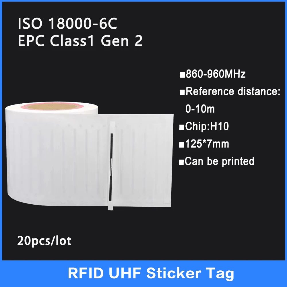 UHF RFID Wet Inlay Tag, Etiqueta da etiqueta, Chip H10, Alta Qualidade, 18000-6C, 860-960MHz, 915 MHz, 20Pcs