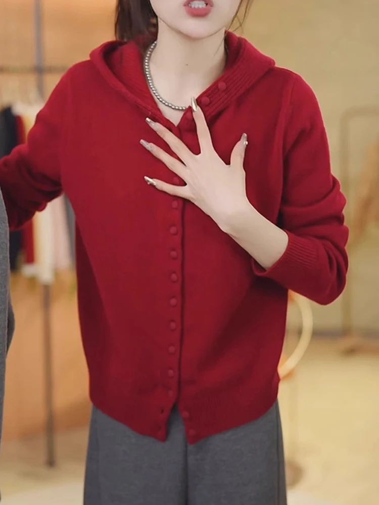 مقنعين سترة مشغولة من الصوف طويلة Sve عادية مريحة تصميم بسيط اللون جديد Sle المرأة سترة Jaet تخفيف Sle #5