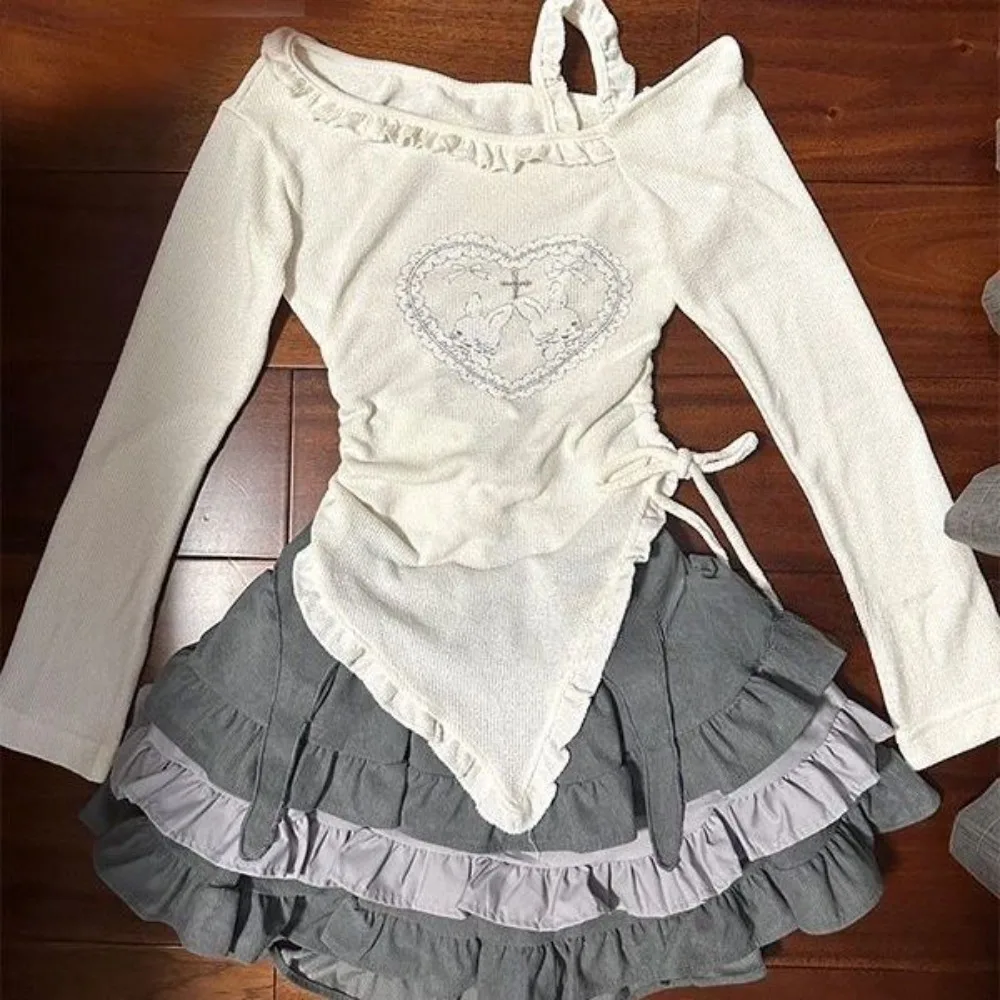 Kawaii Y2k Two Pieces Set Women Irregular Bandage Sweet Ruffle T-shirt + Aesthetic Patchwork Mini Cake Skirts Harajuku Suit