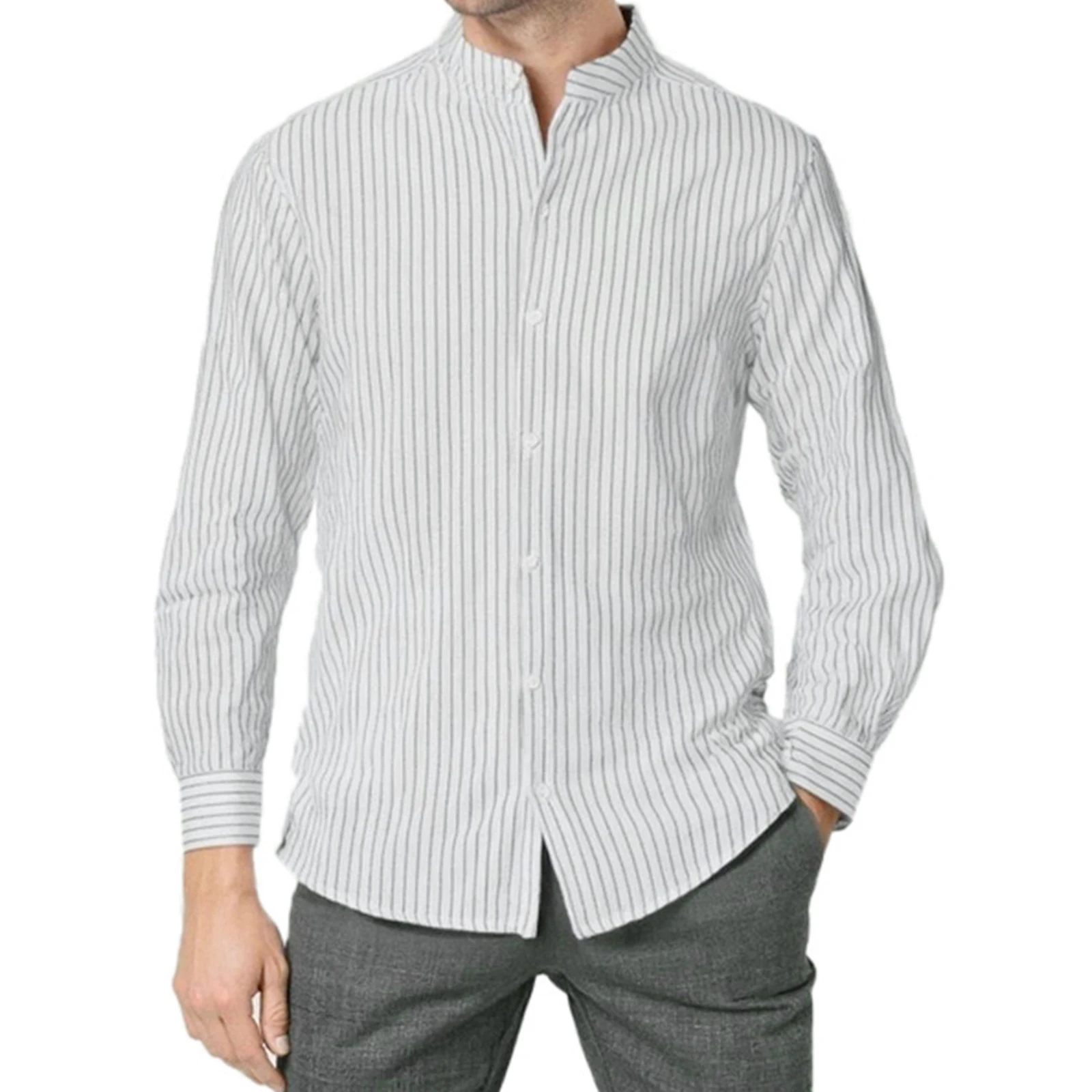 Men Button down Shirts Casual Solid Color/Stripe Basic Fall Long Sleeve Tops for Beach Vacation Streetwear