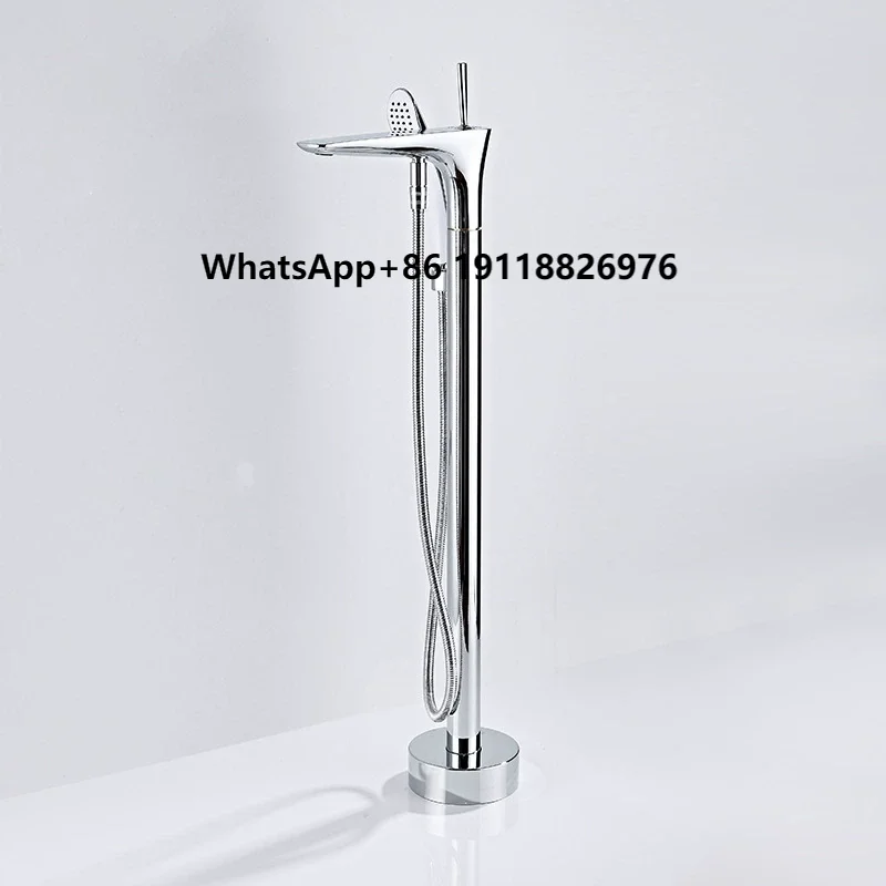 

All Brass Floor Standing Bathtub Faucet Hot and Cold Water Tap Wooden Barrel Basin Vertical Bathtub Showerhead Faucet