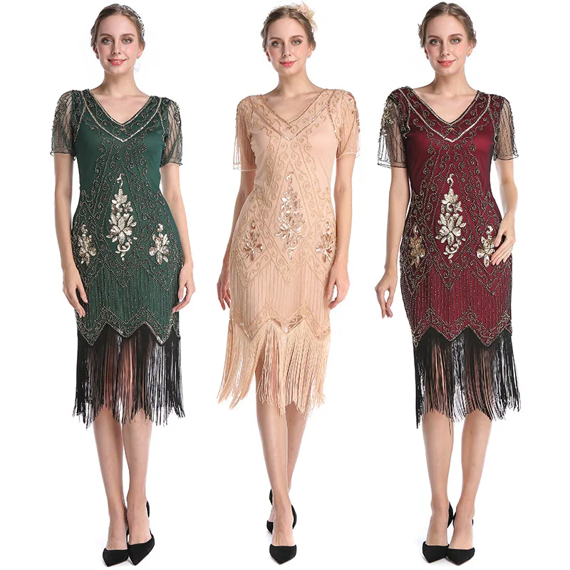 

1920s Gatsby Flapper Beaded Dress Vintage Elegant Mesh Short Sleeve Sequin V-necek Prom Party Evening Dress