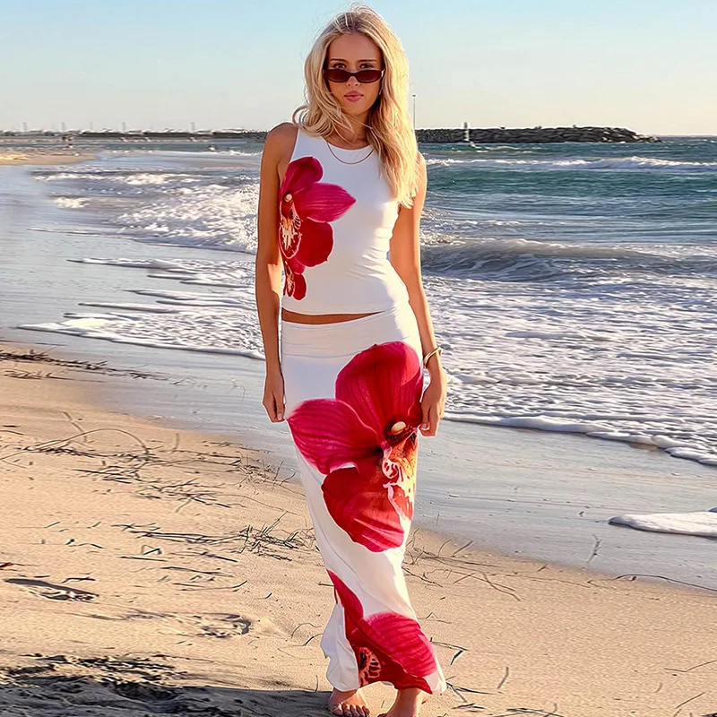 

Vest Women'S Casual Vacation Style Bag Buttocks Skirt Spicy Girl Waist Cinching Flower Half Skirt Set