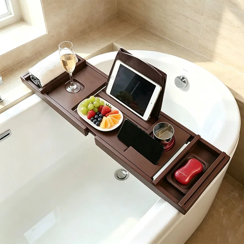 Luxury Extendable Bamboo Bathtub Tray Bathroom Bath Caddy Organizer with Adjustable Shelf Storage Holder Board for Hotel Spa