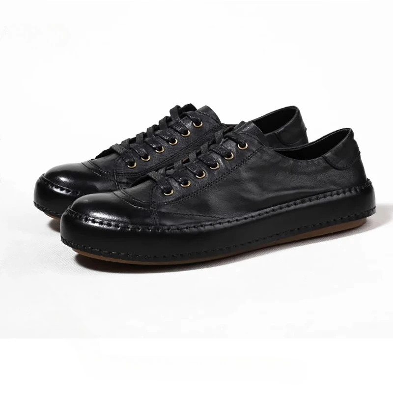 

British Retro Trend Men's Shoes Round Toe Genuine Leather Low Top Street Casual Sports Shoes Male Breathable Outdoor Sneakers