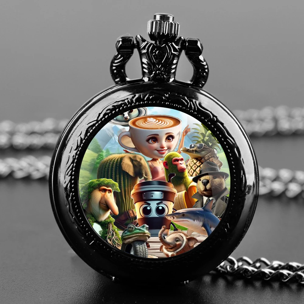 Handcrafted Funny Italian Brainrot Animals Glass Dome Quartz Pocket Watch Necklace Unisex Accessory Gift