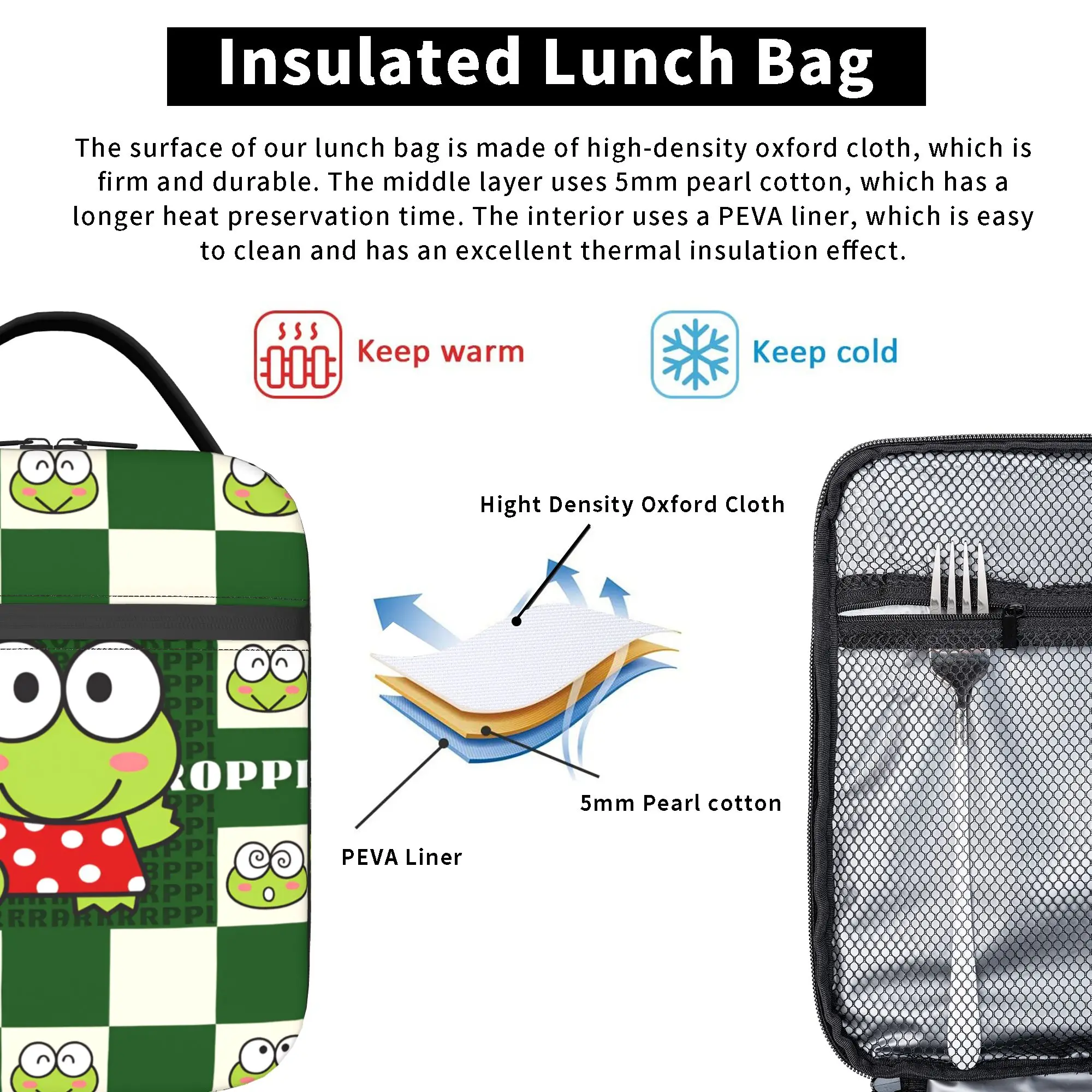Keroppi Kerokero grüne Lunchtasche mit Cartoon-Charakter-Motiv für Unisex, bedruckt, für Picknick im Freien, modische tragbare Oxford-Kühltasche – Detail 5