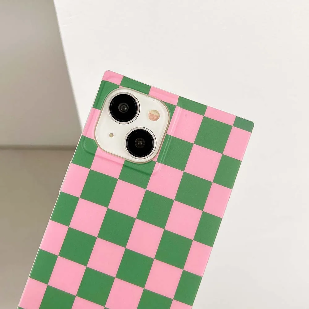 Rectangle Pink Green Cube imd Pattern Case For iPhone 17 16 15 14 13 Pro Max Thick Shockproof Soft TPU Cover Skin