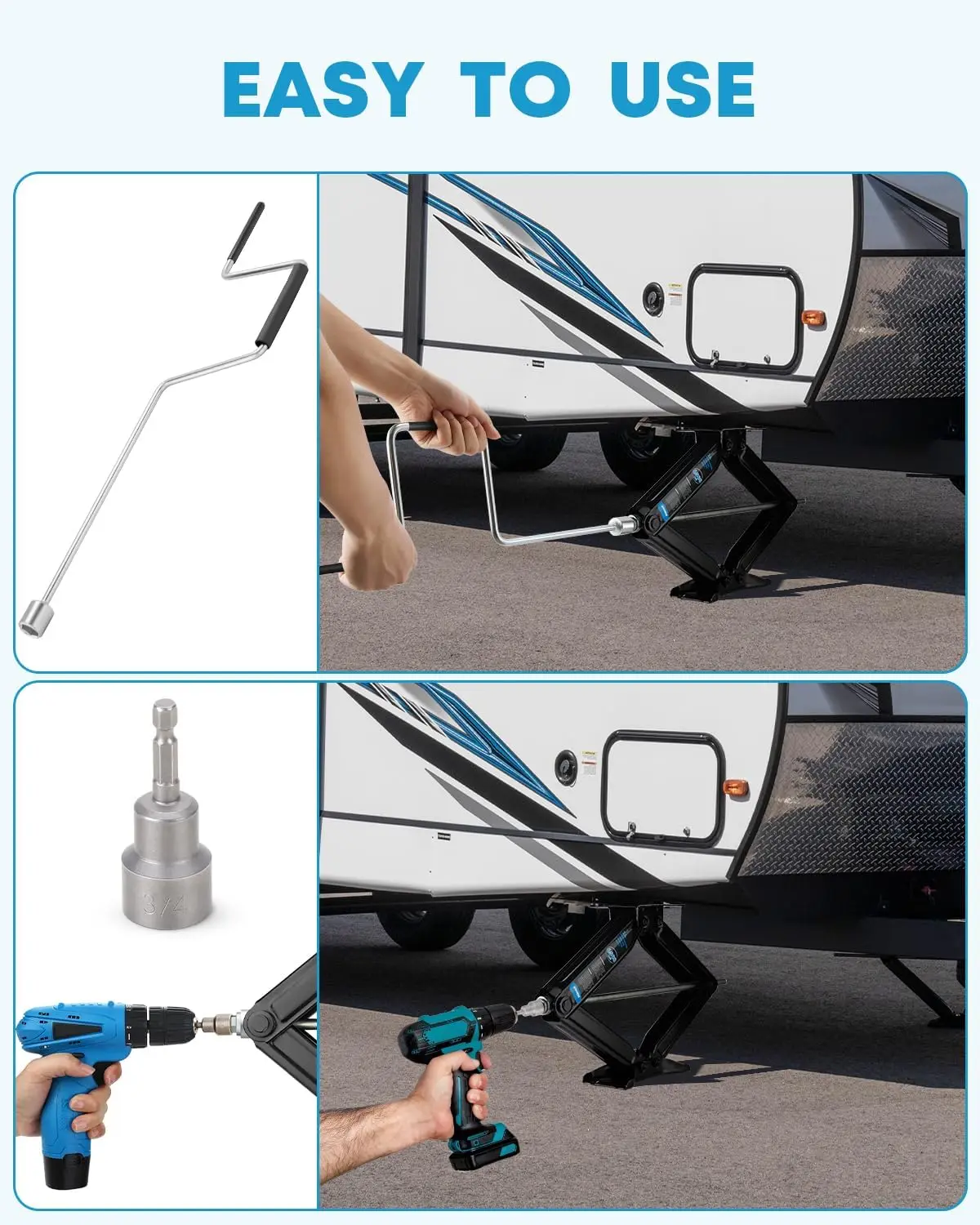 แม่แรงยึดรถบ้านแบบหนัก รับน้ำหนักได้ 6500 ปอนด์ ขนาด 24 นิ้ว แบบกรรไกร สำหรับรถพ่วงเดินทาง พร้อมมือหมุนและช่องเสียบสว่าน