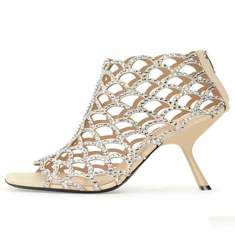 Back Zipper Stiletto Low Heel Sexy Sandals Open Square Toe High Heels Rhinestone Party Strap Hollow Shoes Sandalias Mujer Verano