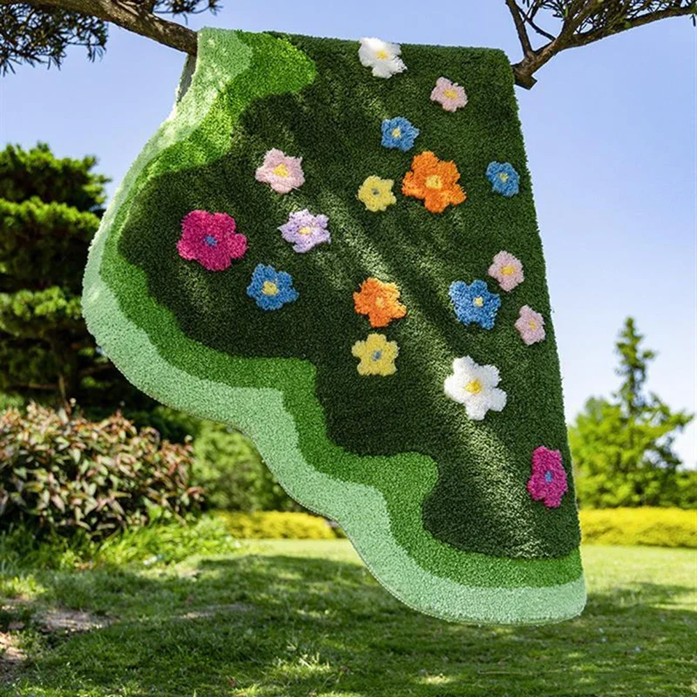 Floral Tufted Carpet Soft Pile Sofa Rug Non-Slip Indoor Floor Footrest Bedroom Bedside Footrest Garden Green Style Carpet