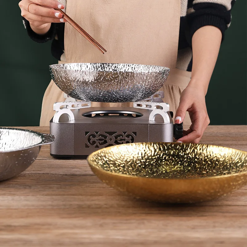 

Twelve sided snowflake dry pan stainless steel three-layer steel hammer pattern bar tripod alcohol stove commercial pot